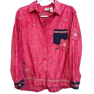 EUC Bleu Bayou Top Corduroy Pink Button Down Shirt Floral Embroidered Size Large